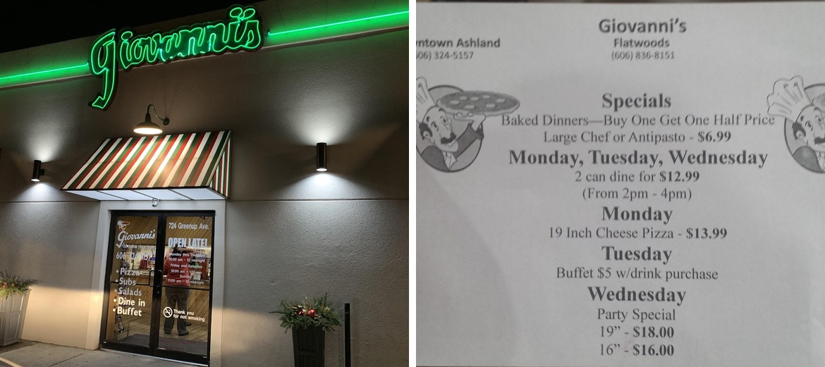 Giovanni's Downtown Ashland Menu